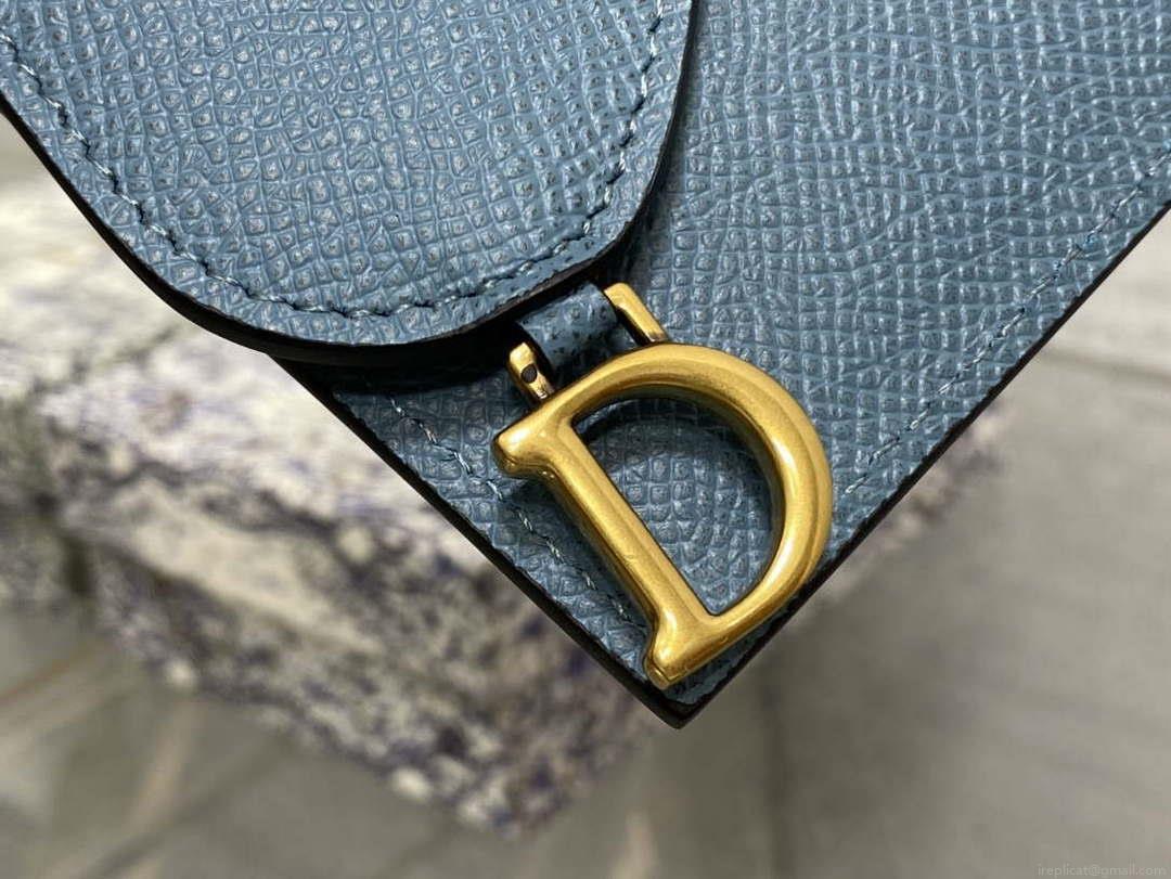 Dior S5611 Saddle Flap Card Holder Blue Grained Calfskin