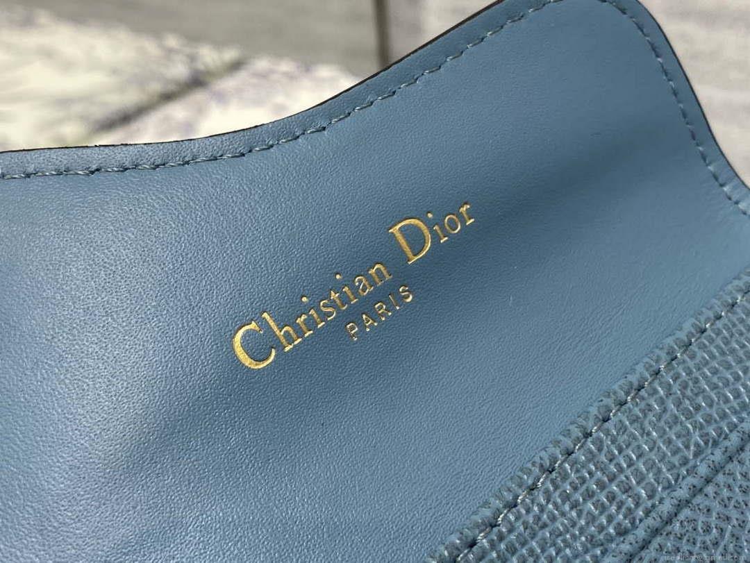 Dior S5611 Saddle Flap Card Holder Blue Grained Calfskin