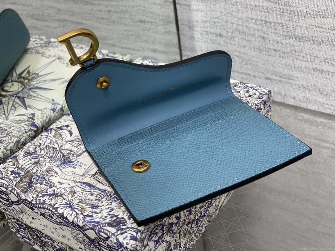 Dior S5611 Saddle Flap Card Holder Blue Grained Calfskin