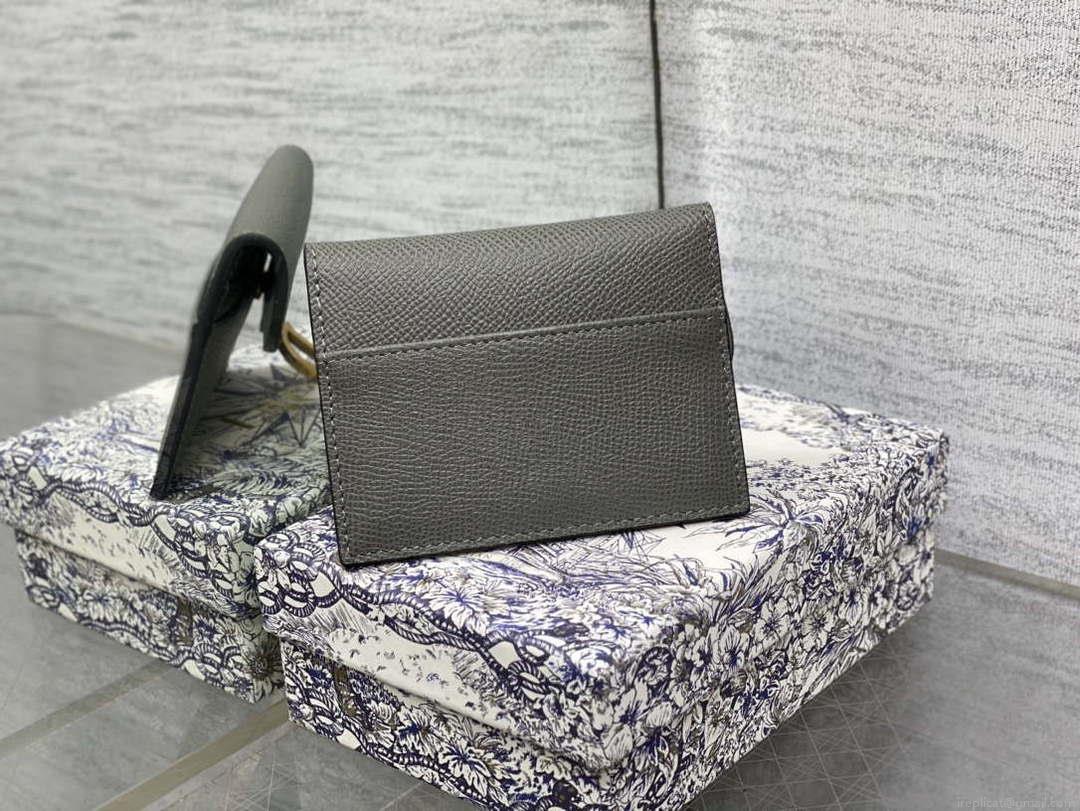 Dior S5611 Saddle Flap Card Holder Gray Grained Calfskin