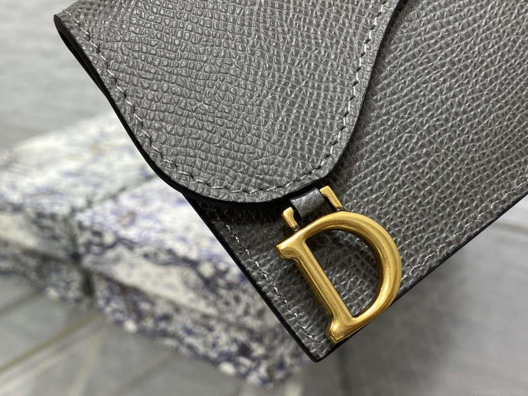 Dior S5611 Saddle Flap Card Holder Gray Grained Calfskin