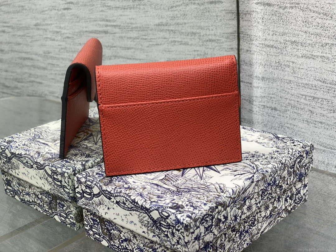Dior S5611 Saddle Flap Card Holder Orange Red Grained Calfskin