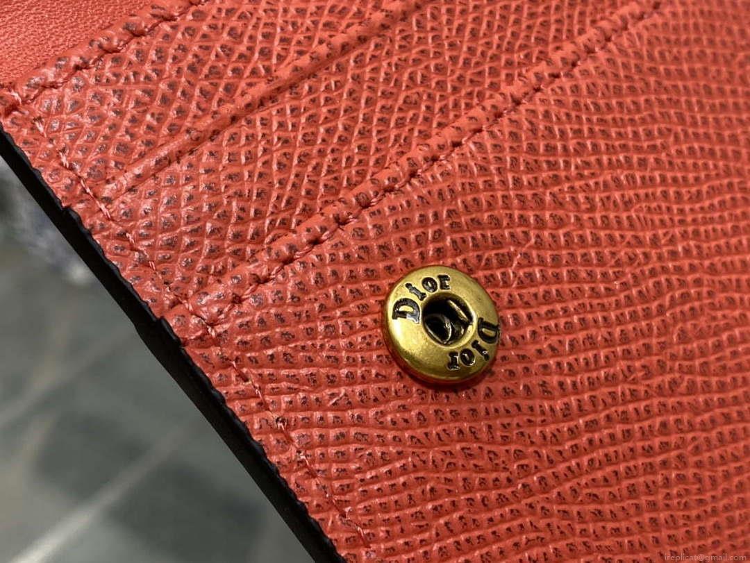 Dior S5611 Saddle Flap Card Holder Orange Red Grained Calfskin