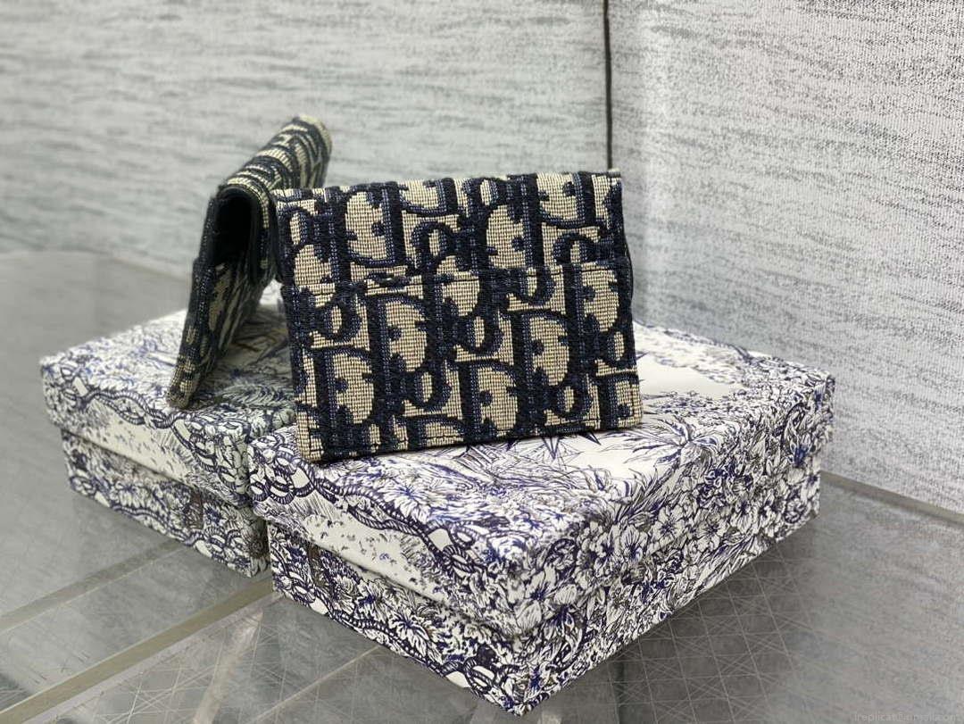 Dior S5611 Saddle Flap Card Holder Blue Dior Oblique Jacquard