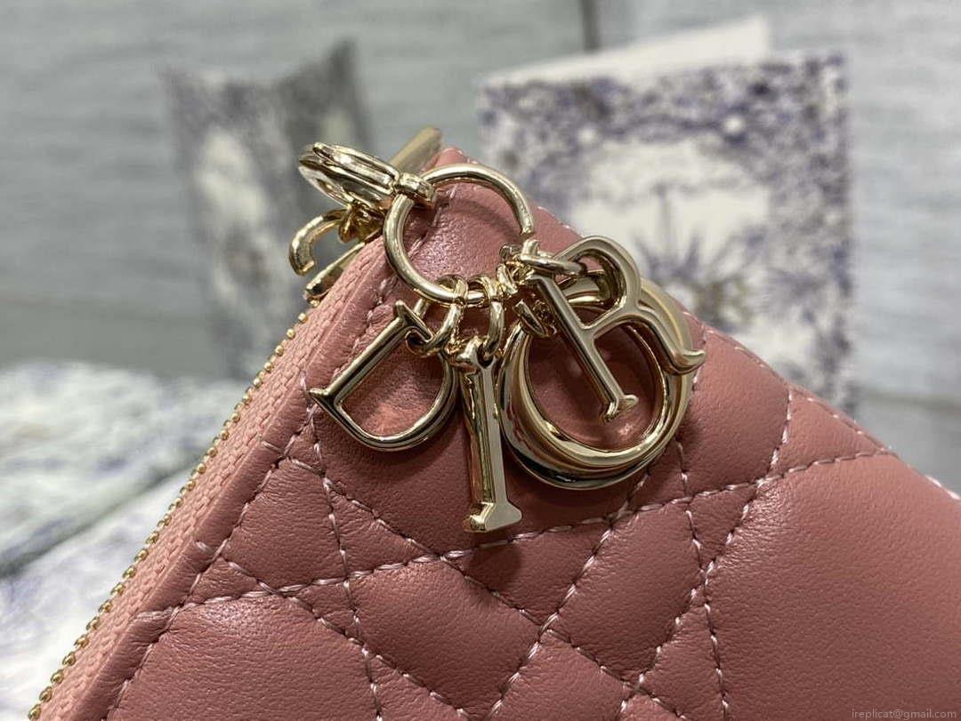 Dior S0011 Lady Dior Zipper Card Holder Medium Pink Cannage Lambskin