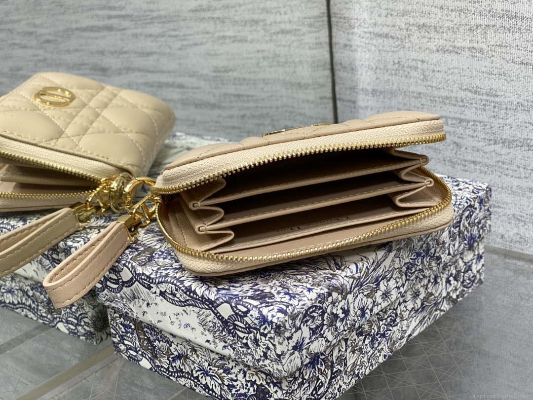 Dior S0011 Lady Dior Zipper Card Holder Medium Ａpricot Cannage Lambskin