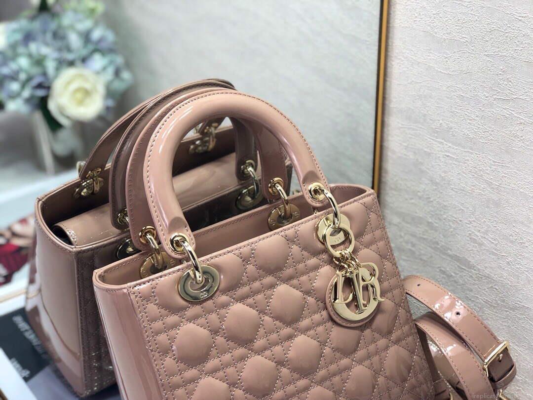 Dior M0565 Medium Lady Dior Patent Cannage Calfskin Bag Light Pink