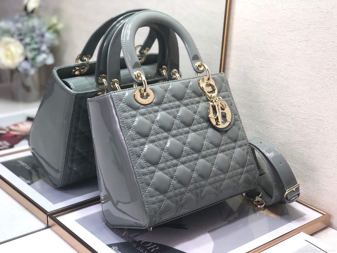 Dior M0565 Medium Lady Dior Patent Cannage Calfskin Bag Gray