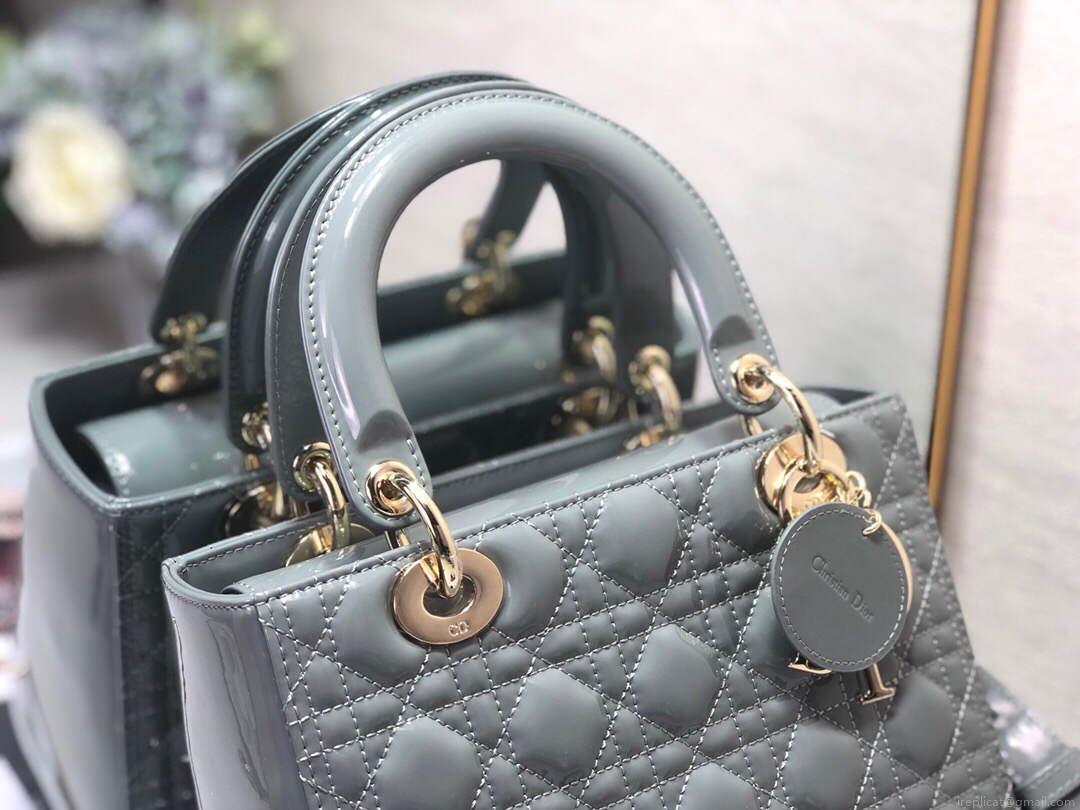 Dior M0565 Medium Lady Dior Patent Cannage Calfskin Bag Gray