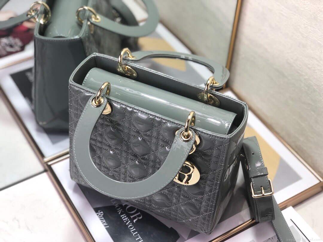 Dior M0565 Medium Lady Dior Patent Cannage Calfskin Bag Gray
