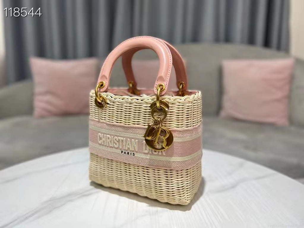 Dior M0565 Medium Lady Dior Bag Natural Wicker Pink