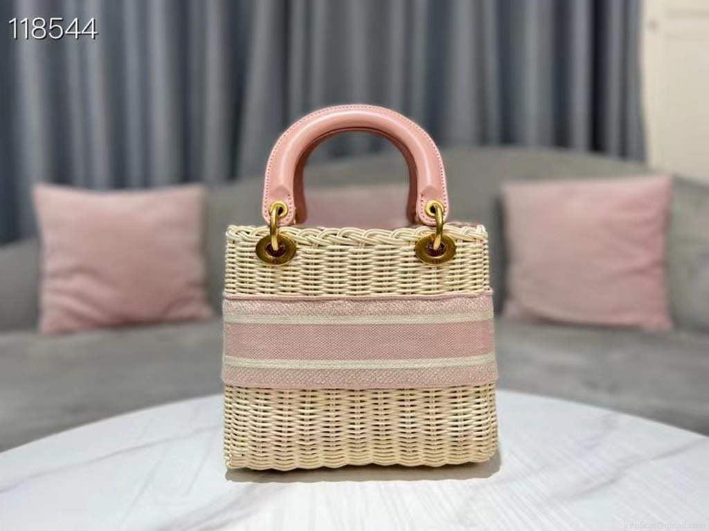 Dior M0565 Medium Lady Dior Bag Natural Wicker Pink