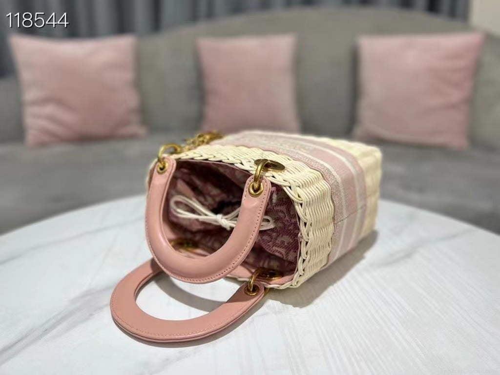 Dior M0565 Medium Lady Dior Bag Natural Wicker Pink