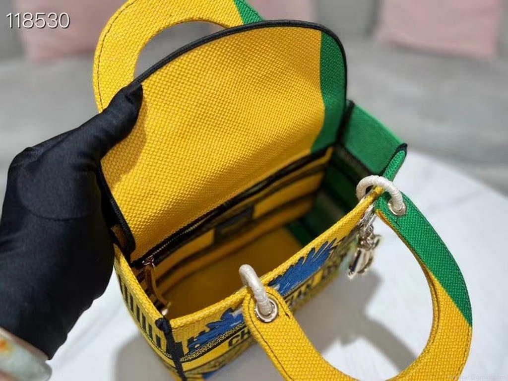 Dior M0565 Medium Lady D-Life Bag Brigh Yellow and Green D-flower Pop Embroidery