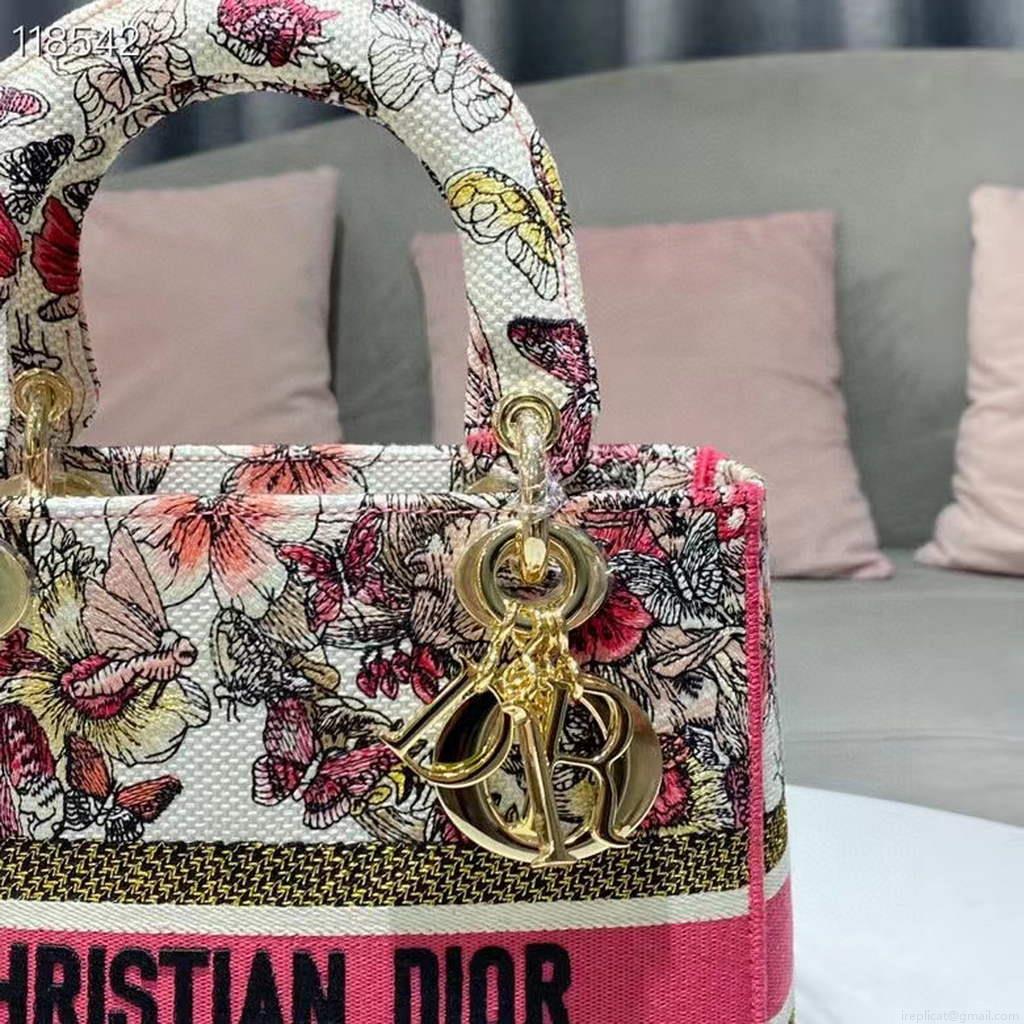 Dior Medium Lady D-Life Bag M0565 Multicolor Butterfly Embroidery