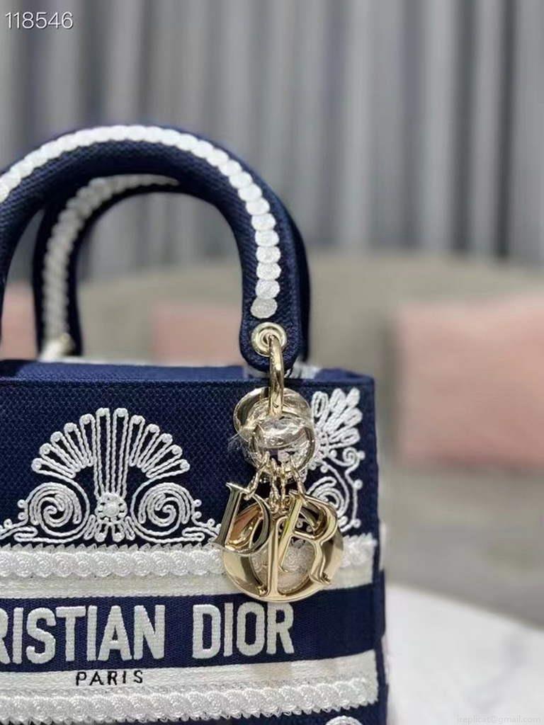 Dior M0565 Medium Lady D-Life Bag Blue and White Cornely-Effect Embroidery