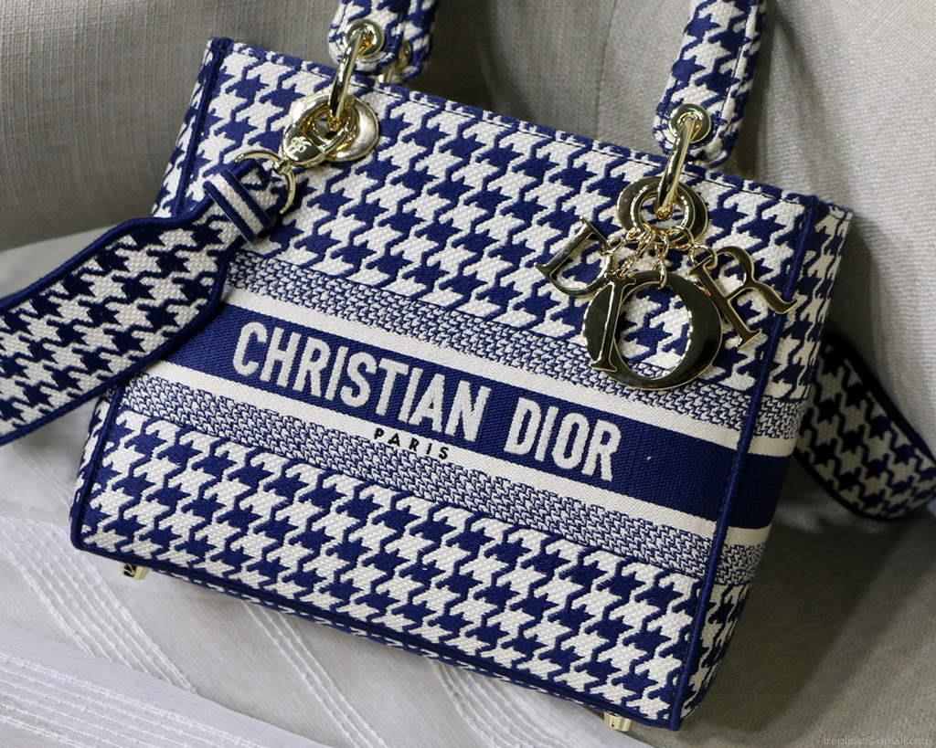 Dior Medium Lady D-Life Bag M0565 Navy Blue and White Butterfly Embroidery