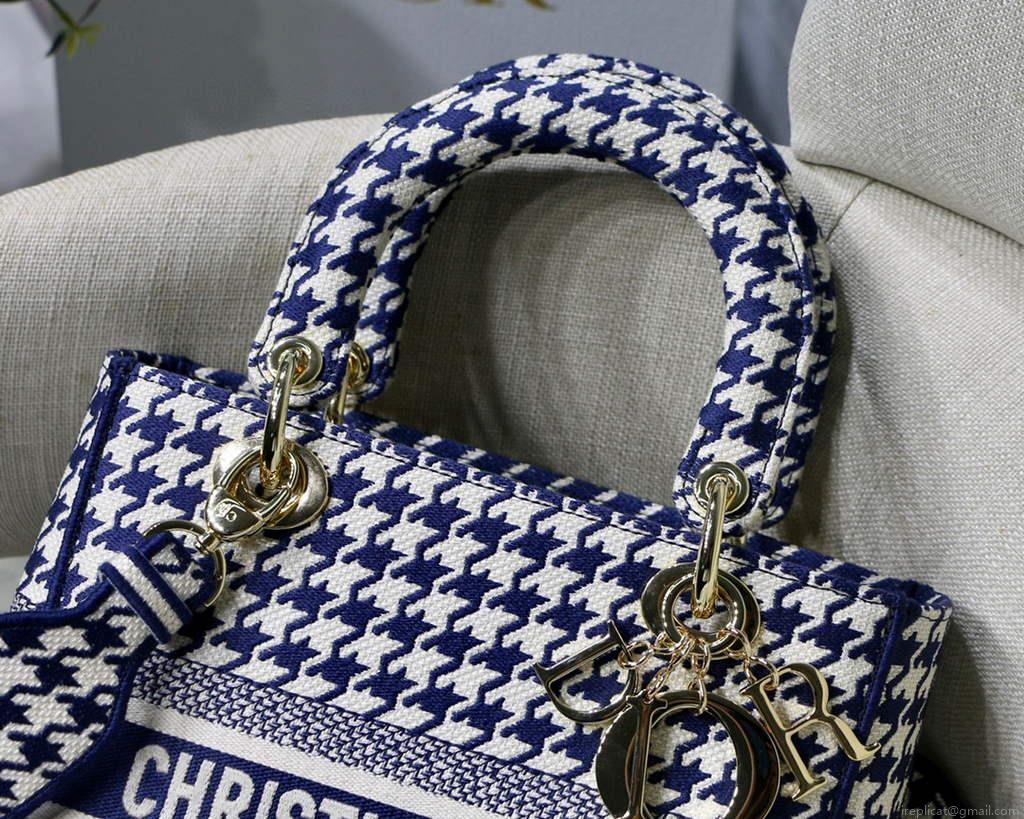 Dior Medium Lady D-Life Bag M0565 Navy Blue and White Butterfly Embroidery