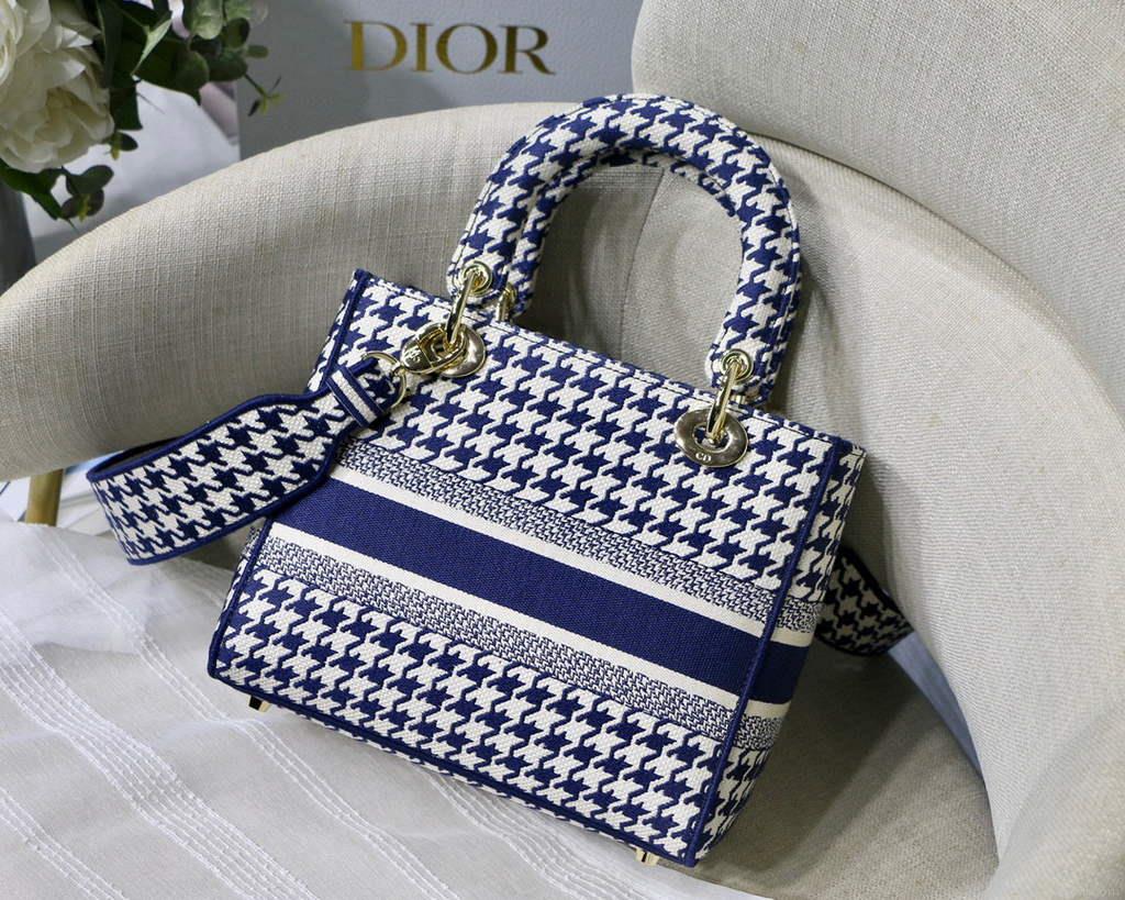 Dior Medium Lady D-Life Bag M0565 Navy Blue and White Butterfly Embroidery