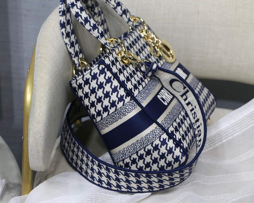 Dior Medium Lady D-Life Bag M0565 Navy Blue and White Butterfly Embroidery