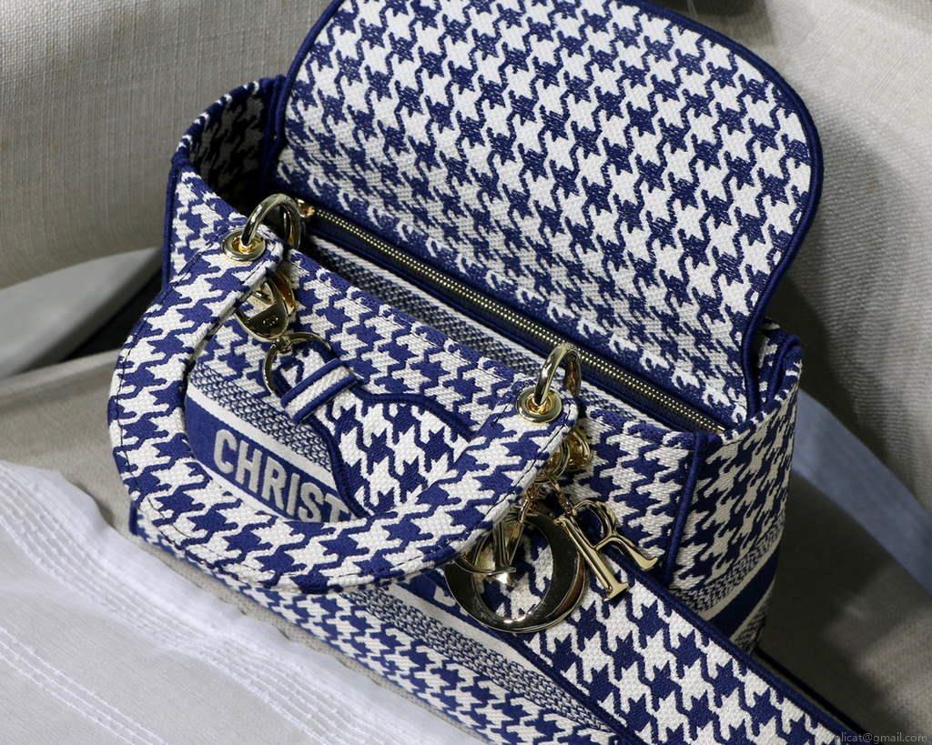 Dior Medium Lady D-Life Bag M0565 Navy Blue and White Butterfly Embroidery