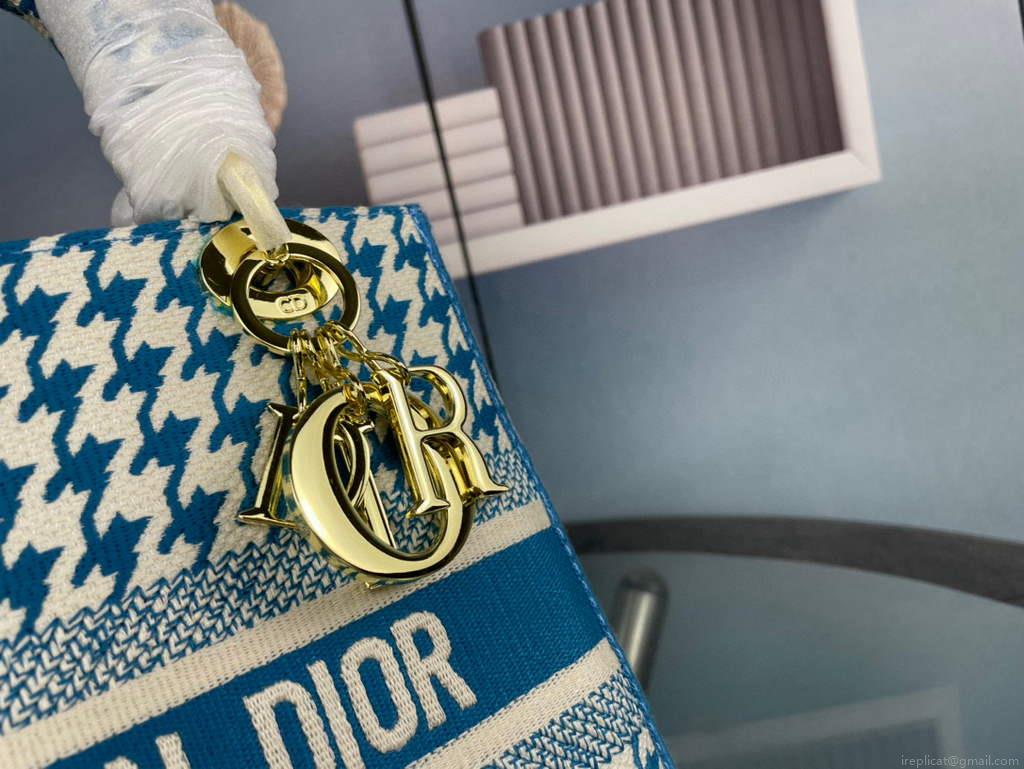 Dior Medium Lady D-Life Bag M0565 Butterfly Embroidery Blue and Beige