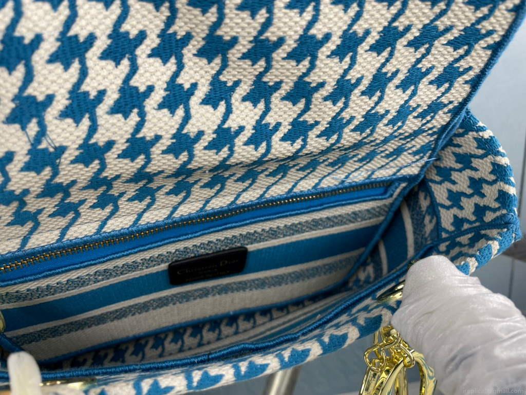 Dior Medium Lady D-Life Bag M0565 Butterfly Embroidery Blue and Beige