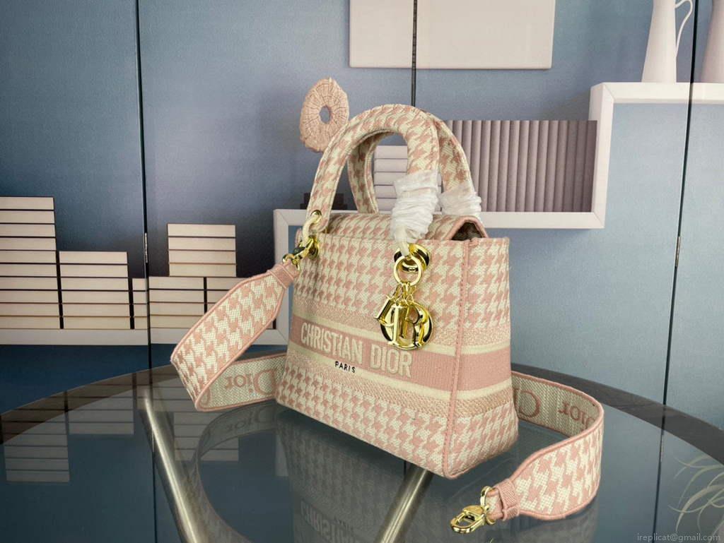 Dior Medium Lady D-Life Bag M0565 Butterfly Embroidery Pink and Beige