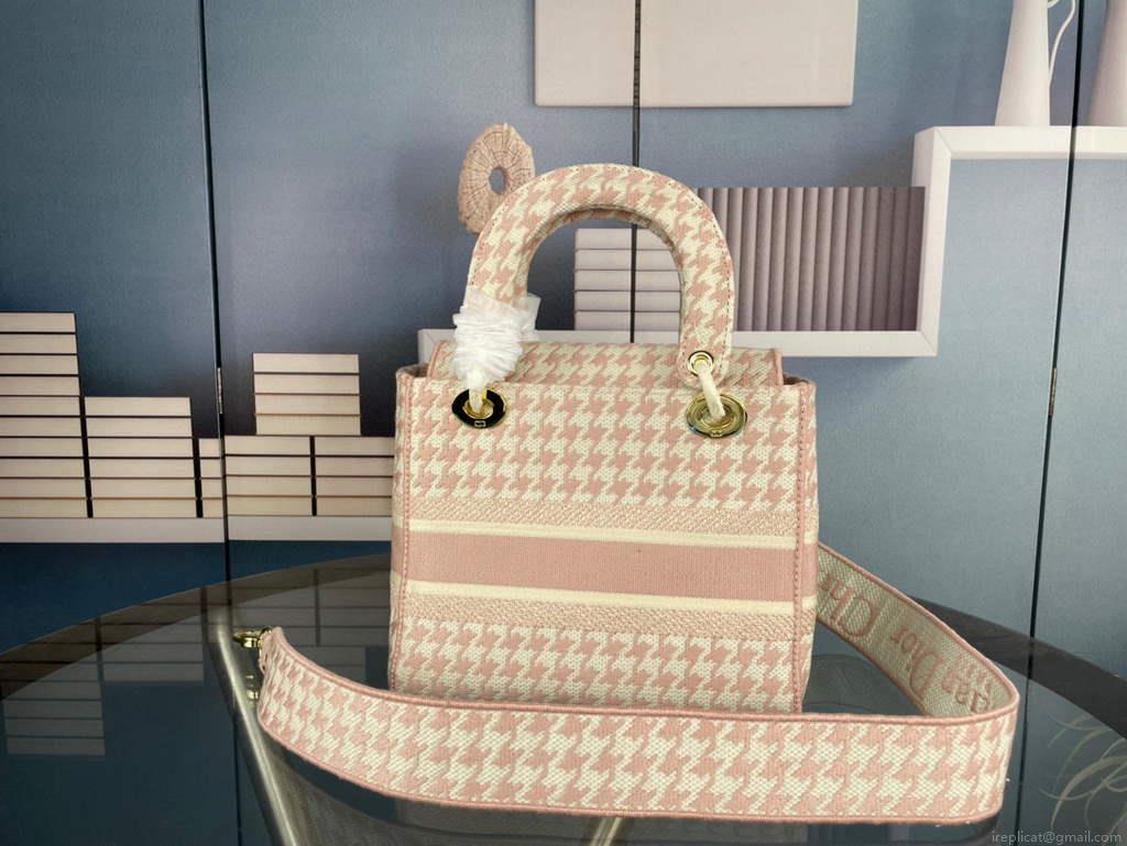Dior Medium Lady D-Life Bag M0565 Butterfly Embroidery Pink and Beige