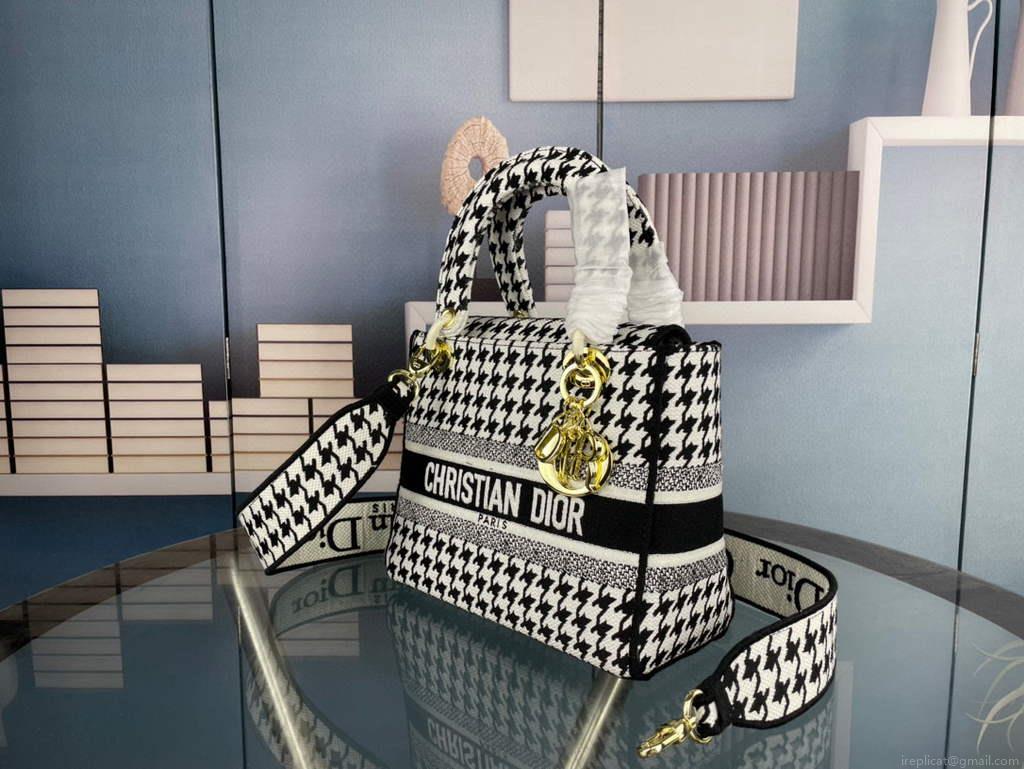 Dior Medium Lady D-Life Bag M0565 Butterfly Embroidery Black and White