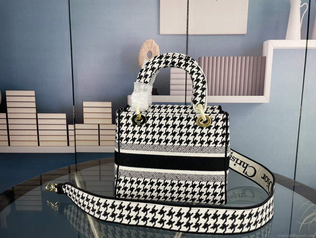 Dior Medium Lady D-Life Bag M0565 Butterfly Embroidery Black and White