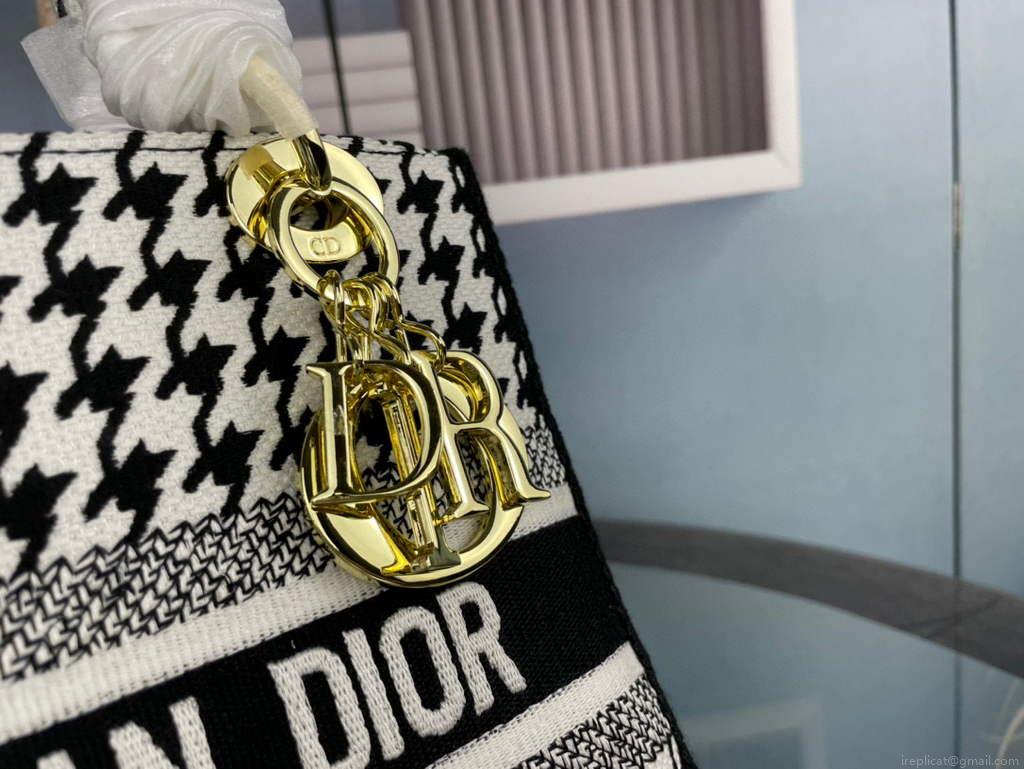 Dior Medium Lady D-Life Bag M0565 Butterfly Embroidery Black and White