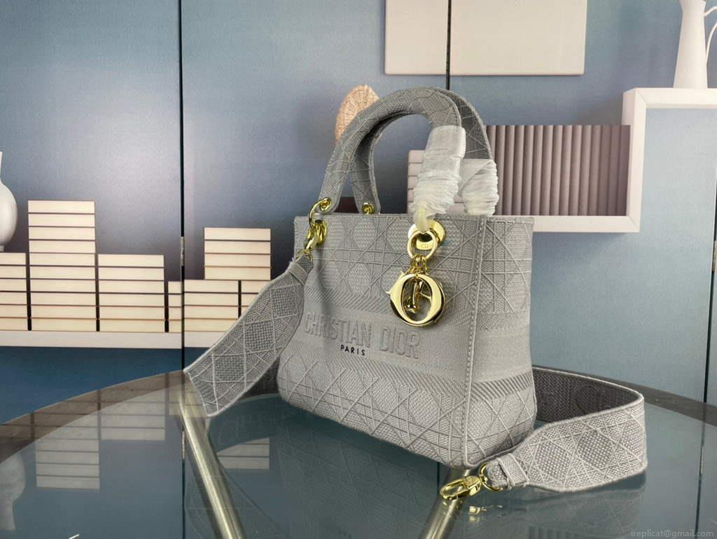 Dior Medium Lady D-Life Bag M0565 Cannage Embroidery Grey