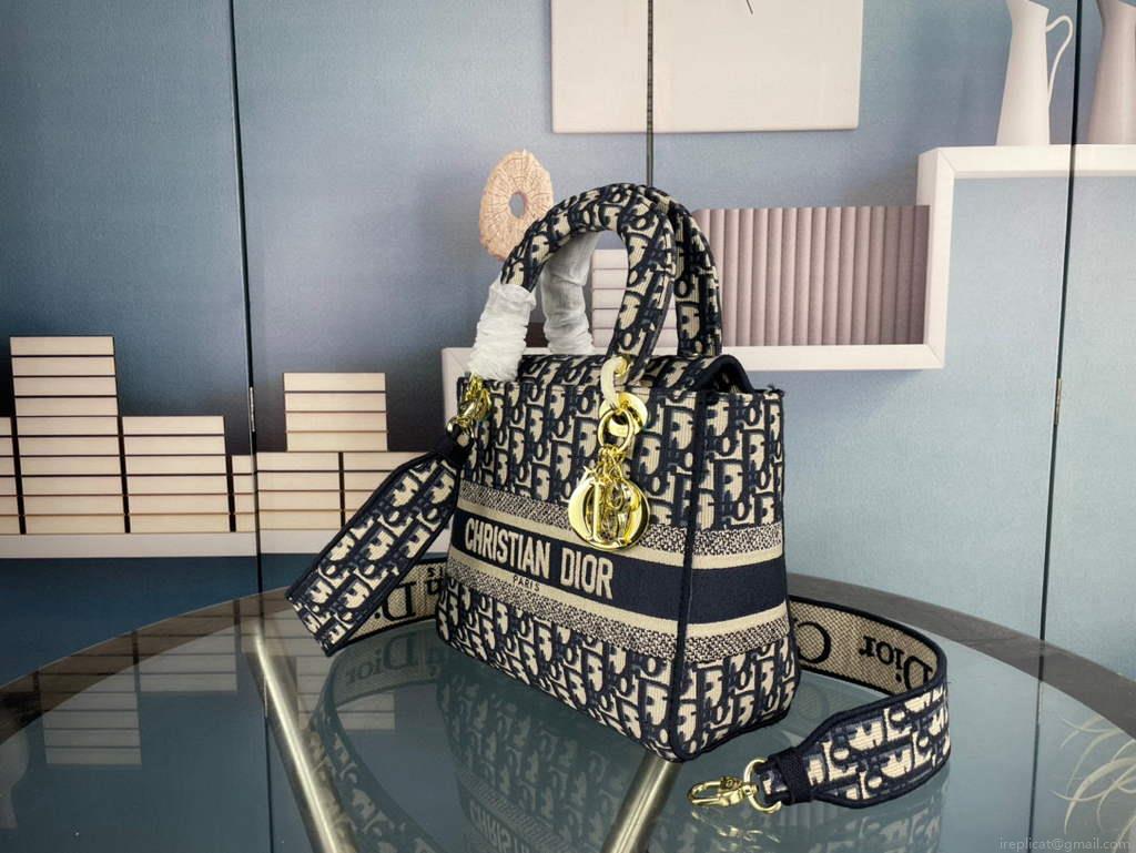 Dior M0565 Medium Lady D-Life Bag Oblique Jacquard Navy Blue