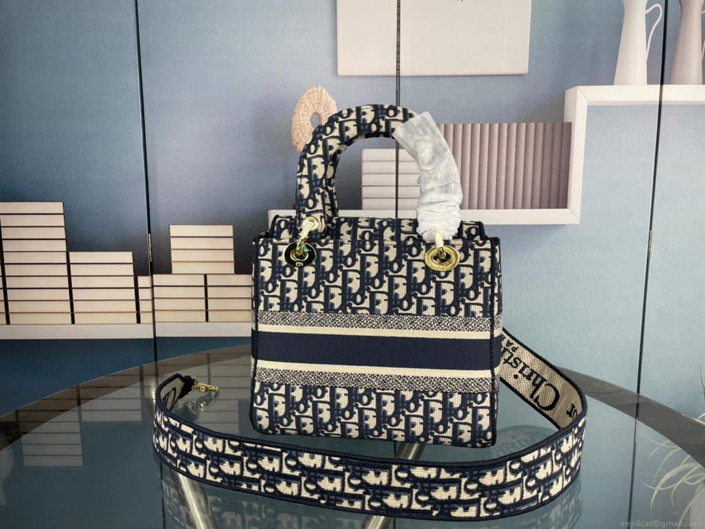 Dior M0565 Medium Lady D-Life Bag Oblique Jacquard Navy Blue