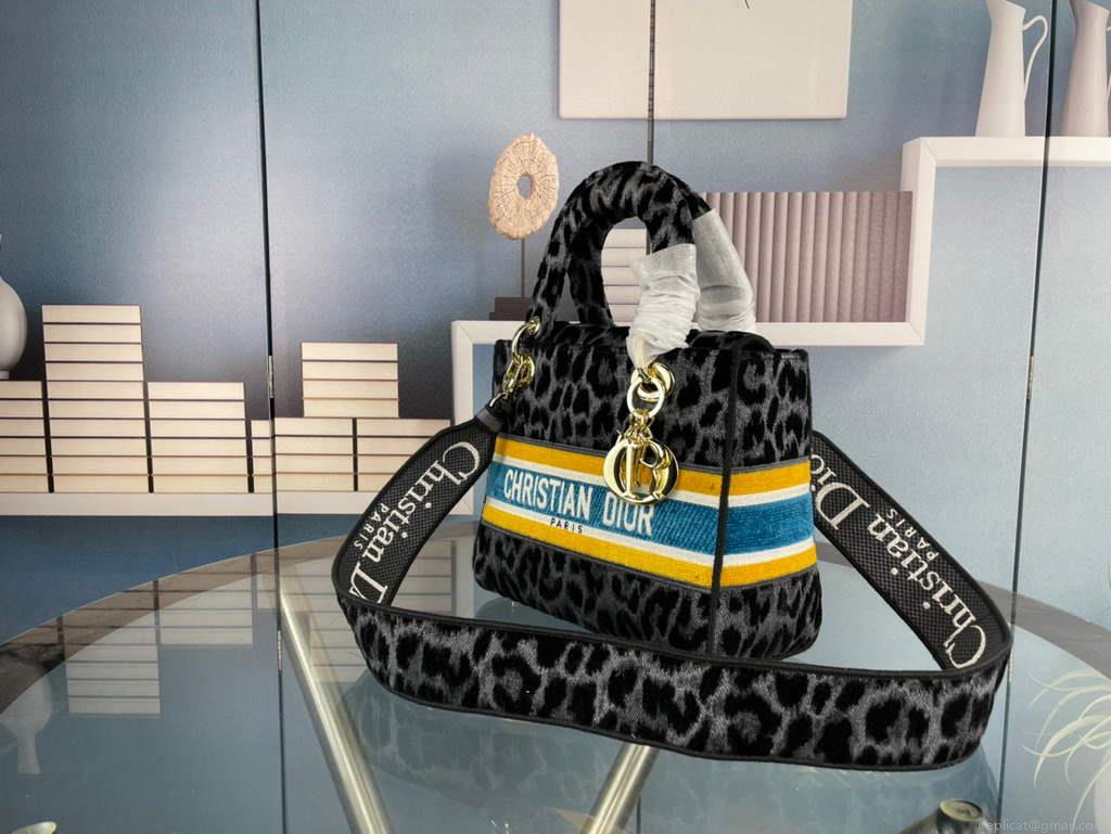 Dior M0565 Medium Lady D-Life Bag Mizza Embroidery Blue and Black with Yellow