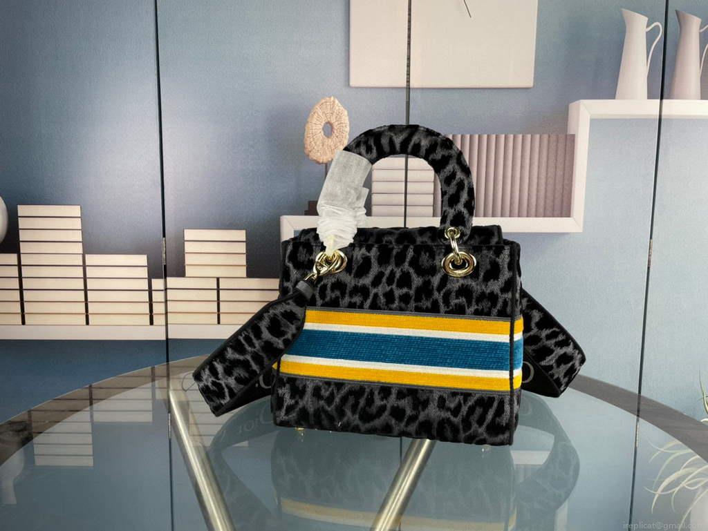 Dior M0565 Medium Lady D-Life Bag Mizza Embroidery Blue and Black with Yellow