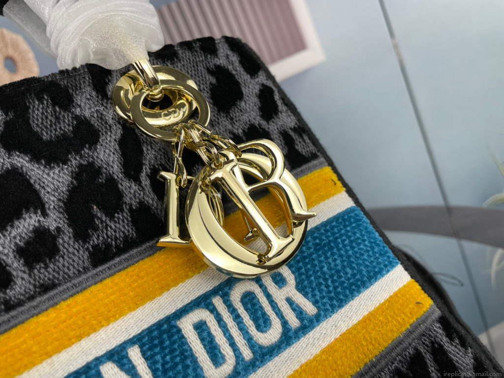 Dior M0565 Medium Lady D-Life Bag Mizza Embroidery Blue and Black with Yellow