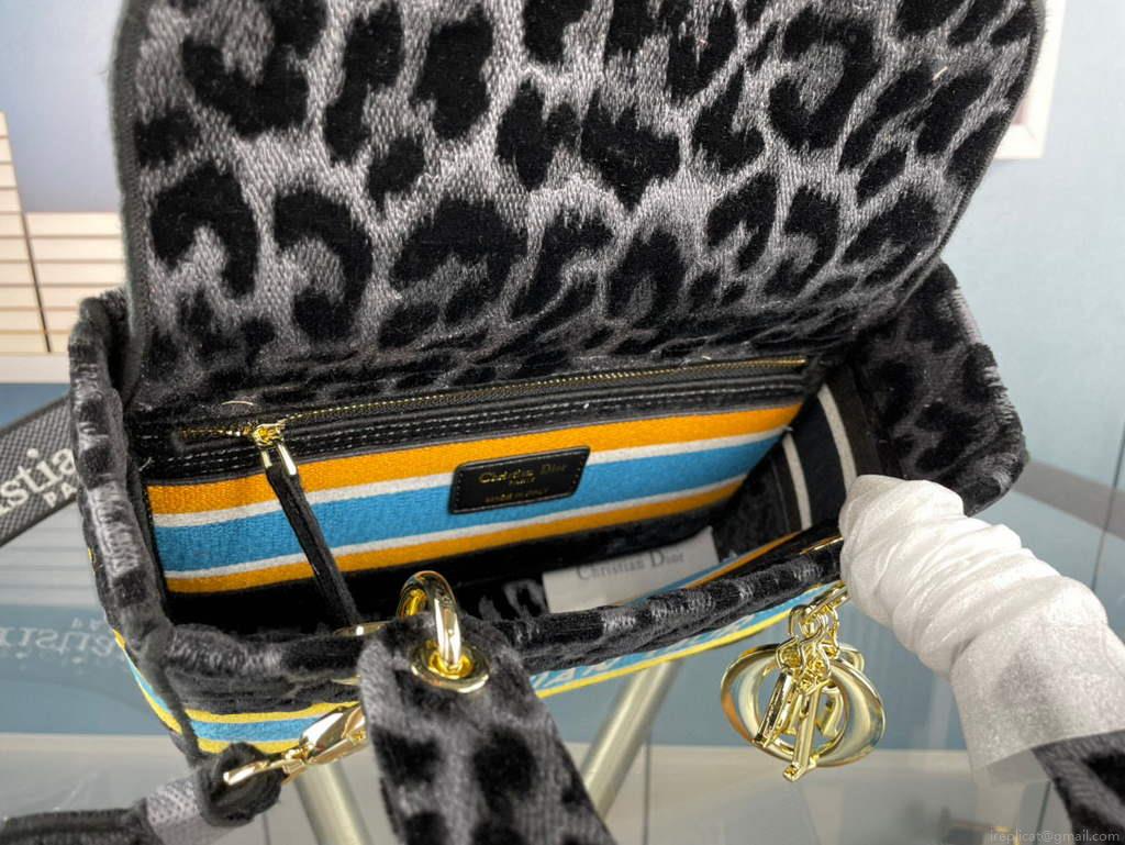 Dior M0565 Medium Lady D-Life Bag Mizza Embroidery Blue and Black with Yellow