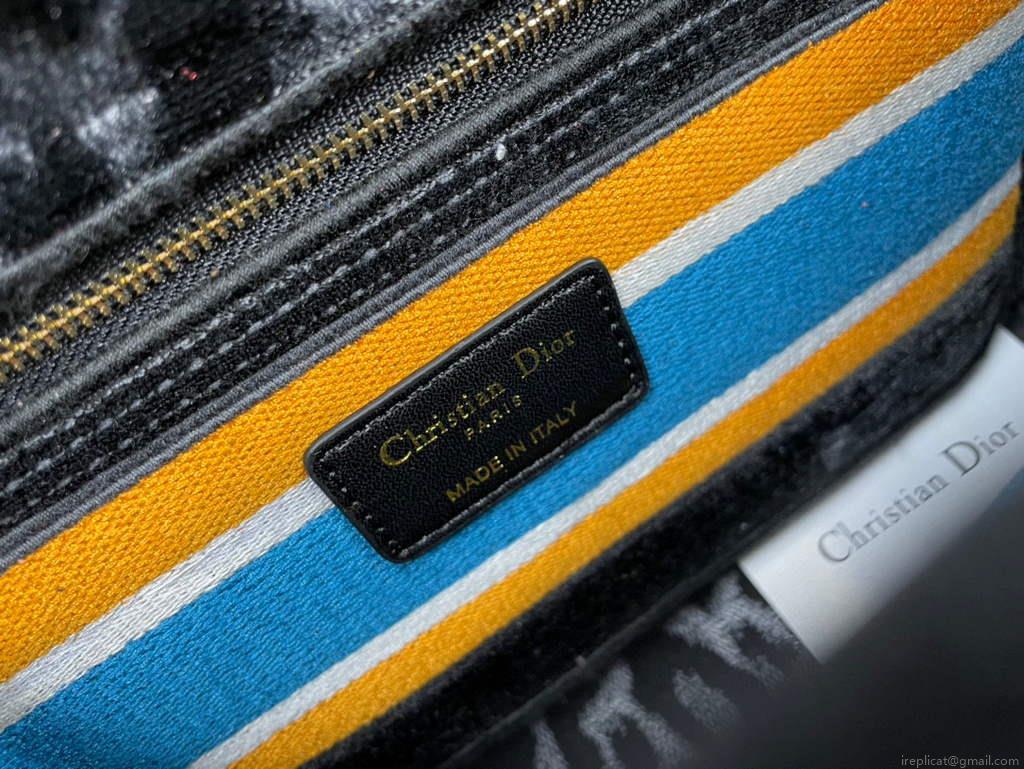 Dior M0565 Medium Lady D-Life Bag Mizza Embroidery Blue and Black with Yellow