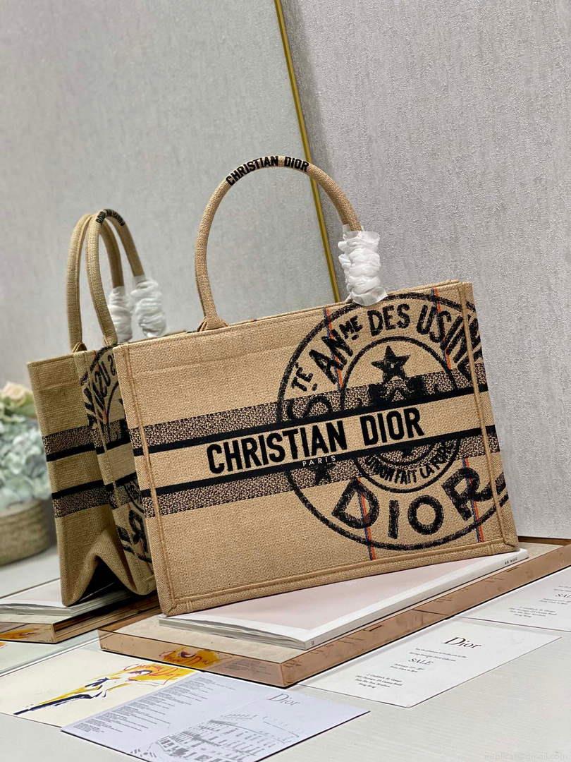 Dior M1296 Medium Book Tote Beige jute fabric with Union motif embroidery