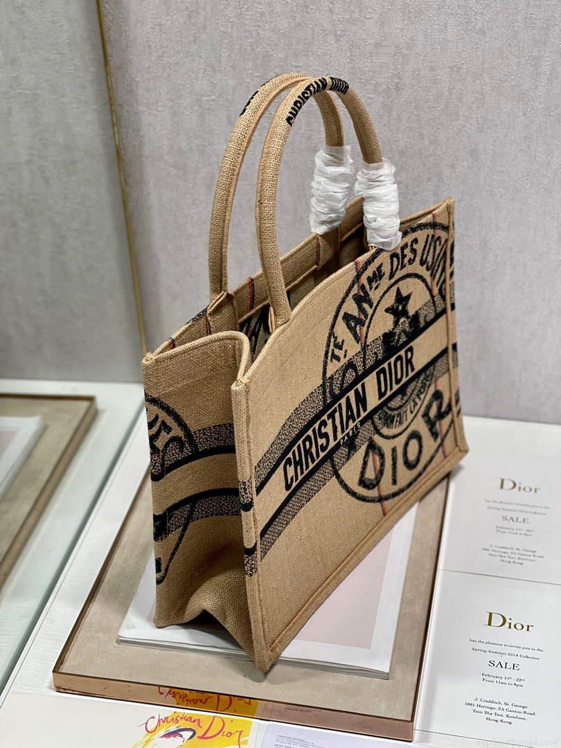 Dior M1296 Medium Book Tote Beige jute fabric with Union motif embroidery