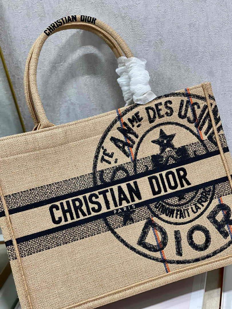 Dior M1296 Medium Book Tote Beige jute fabric with Union motif embroidery