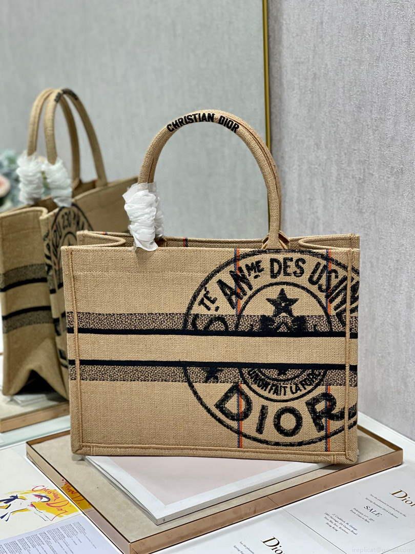 Dior M1296 Medium Book Tote Beige jute fabric with Union motif embroidery