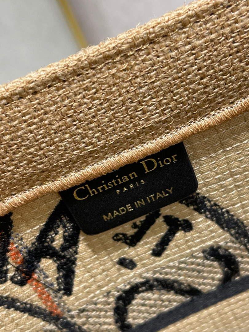 Dior M1296 Medium Book Tote Beige jute fabric with Union motif embroidery