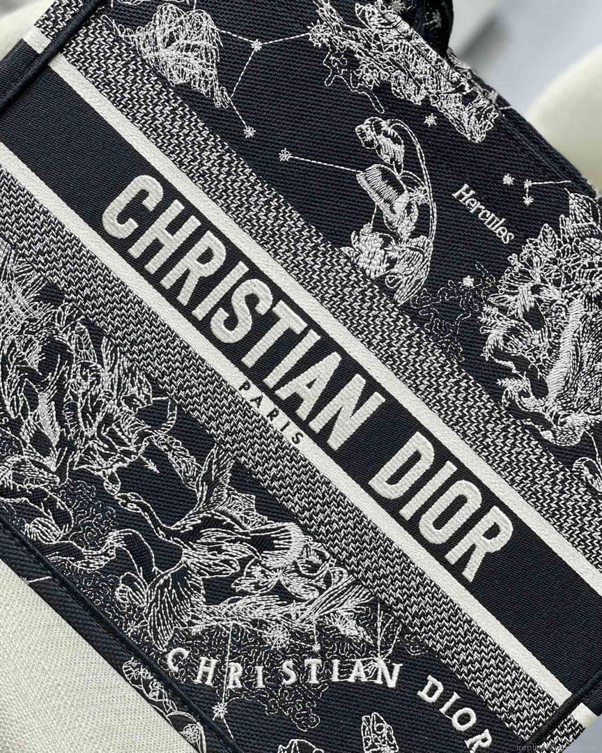 Dior M1296 Medium Book Tote Black Toile de Jouy Zodiac latte embroidery