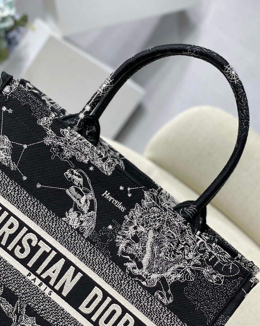 Dior M1296 Medium Book Tote Black Toile de Jouy Zodiac latte embroidery