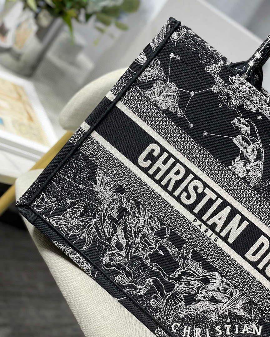 Dior M1296 Medium Book Tote Black Toile de Jouy Zodiac latte embroidery