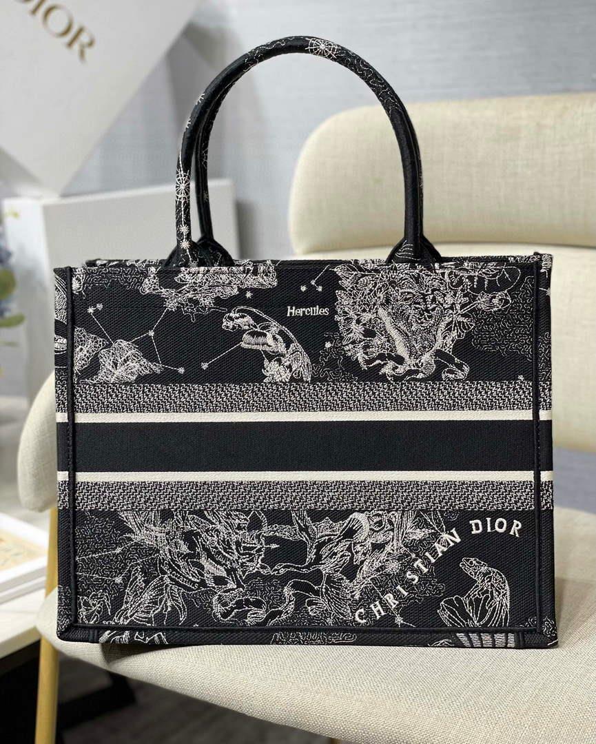 Dior M1296 Medium Book Tote Black Toile de Jouy Zodiac latte embroidery