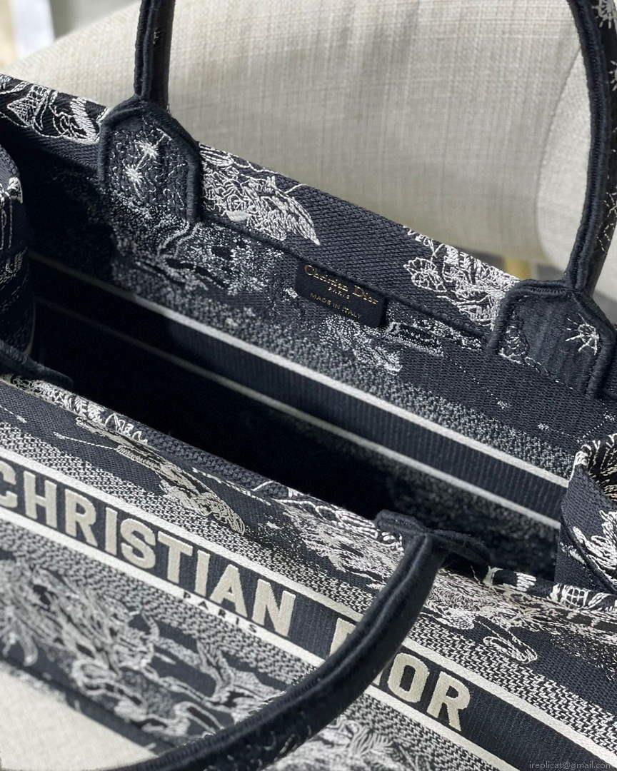 Dior M1296 Medium Book Tote Black Toile de Jouy Zodiac latte embroidery
